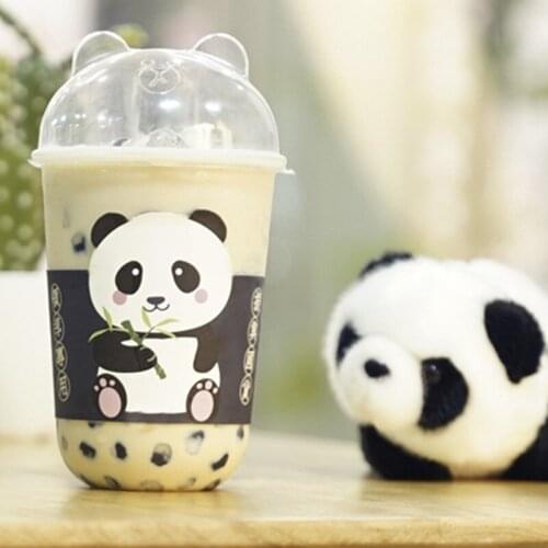 50pcs High quality disposable coffee cup 500ml transparent drinking plastic cups with bear lid creative cute cartoon holder set