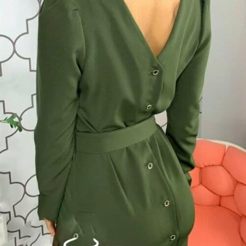 Back Button Woman Dress Sexy Backless Puff Sleeve O-neck Causal Mini Dress Elegant Solid Sashes Slim Women Autumn Summer Dress