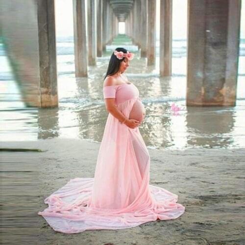 Pregnant Women Chiffon Patchwork Off Shoulder Front Slit Floor Length Dress Prop