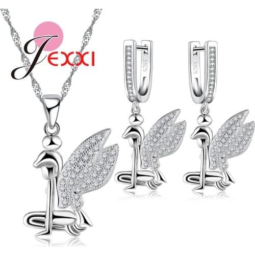 Unique Design Angle Cubic Zirconia Crystal Pendant Necklace Earrings Set For Women 925 Sterling Silver Jewellery Sets