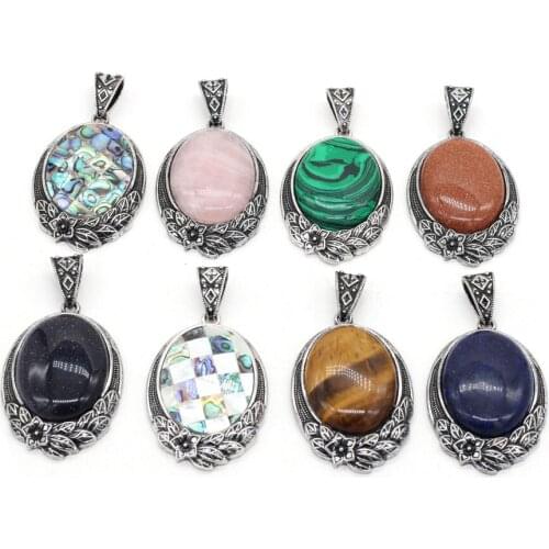 Vintage Natural Stone Pendant Elliptical Crystal Agates Abalone Shell Charms for DIY Necklace Making Jewelry Findings 40x60mm