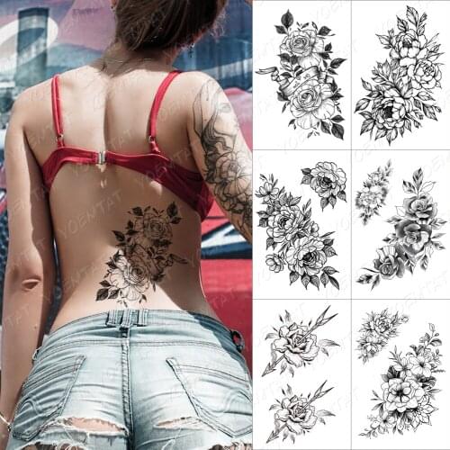 Lines Roses Snake Flowers Temporary Tattoo Sticker For Men Women Adult Peony Waterproof Fake Henna Body Art Tattoo Decal