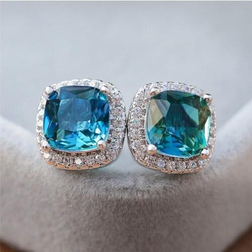 RongXing Square Cut Ocean Blue Crystal Zircon Stud Earrings For Women Silver Color CZ Stone Earring Female Wedding Jewelry