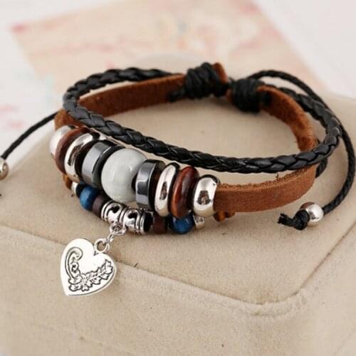 Fashion Women Heart Beads Multilayer Leather Bracelet Wrap Love Weave Charm Adjustable Retro Bangle Wristbands Girl Jewelry Gift