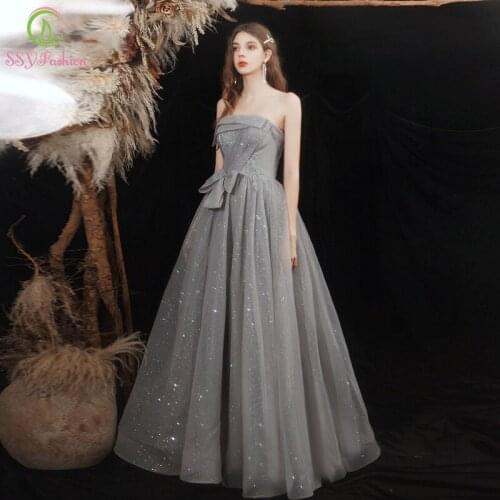 SSYFashion New Banquet Elegant Grey Evening Dress for Women Strapless A-line Glittering Long Prom Party Formal Gowns Vestidos