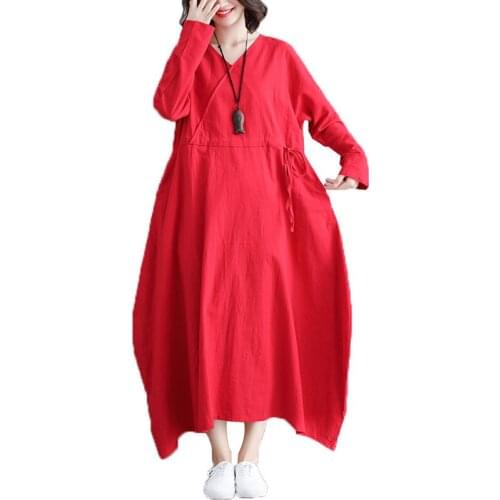 NYFS 2021 New Spring Autumn Dress Vintage Loose long dress Comfortable Cotton Linen Woman Dresses Vestidos Robe Elbise