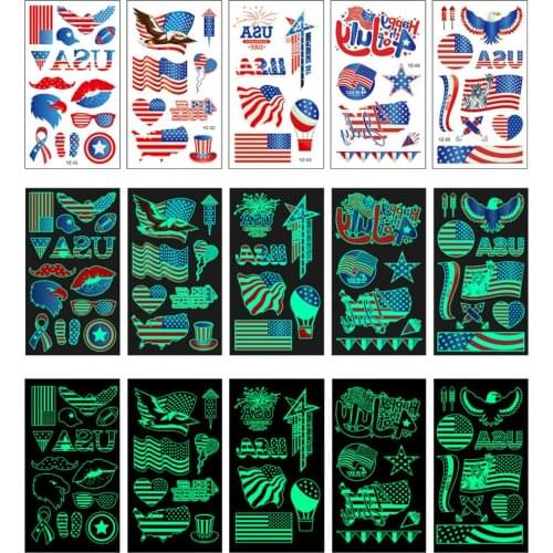 10pcs United States Patriotic Independence Day Tattoo Luminous Stickers July 4th Disposable Luminous Waterproof Tattoo Stickers