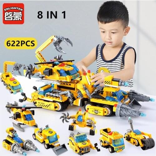 622Pcs Enlighten Construction Engineering Chariot Model Building Blocks Brinquedos Bricks Educational Toys for Children