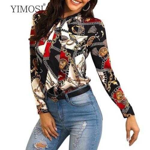 Spring Autumn Women Retro Chain Print Shirts Blouses 2020 Elegant Long Sleeve Button Blouse Korean Slim Office Tops