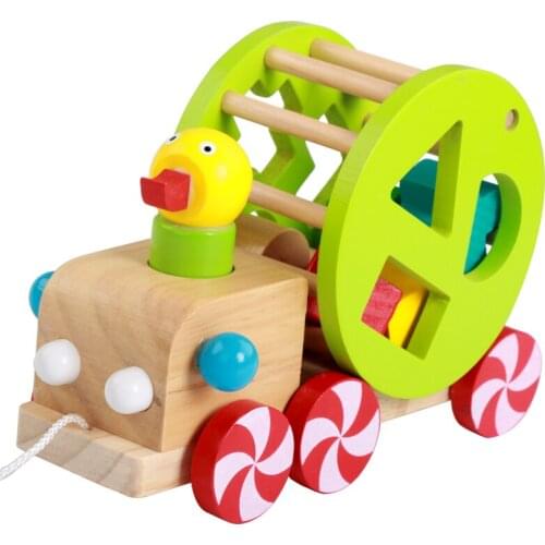 Free Shipping Wisdom Duck Pull Car Kids Wooden Classic Shape Blocks Cognitive Animal Trailer Children Educational Wood Toys Gift