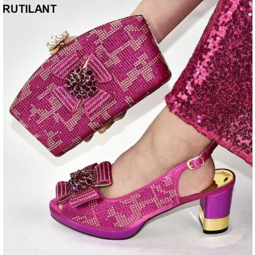Fuchsia Shoe and Bag Set African Sets Decorated with Rhinestone Matching Italian Shoe and Bag for Women Women Shoes High Heel