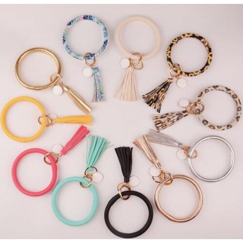 DIY Rainbow Monogram Enamel Disc Popular Trendy Leopard Sunflower Cactus Patterns Round Leather Bangle Keychain With Tassel