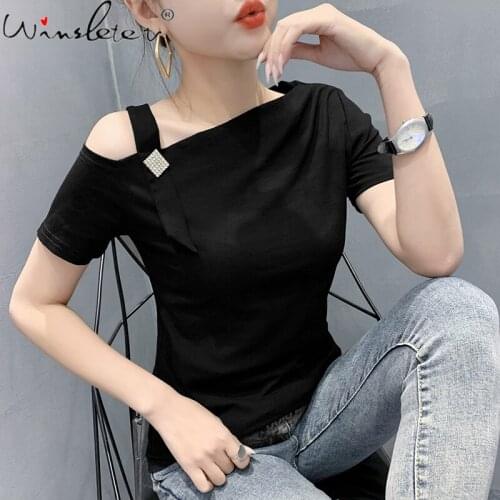 Summer European Clothes Cotton T-shirt Sexy Fashion Off Shoulder Skew Collar Women Tops Slim Bottoming Shirt Tees 2021 T13601A