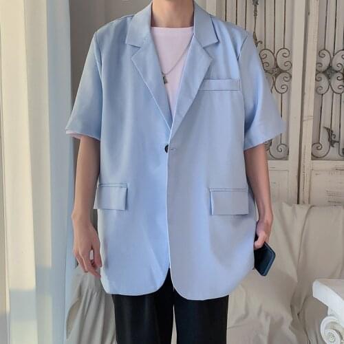 2021 Summer Mens Casual Blazer Korean Design Short Sleeved One Button Suit Jacket Loose Fit Clothing Black Blue Fashion Coat