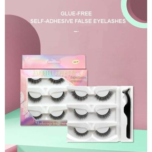 Soft Light 3D Self Adhesive Eyelashes 3 Pairs Set Handmade Reusable Fake Lashes No Glue With Tweezer 50 Sets/Lot DHL Free