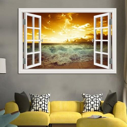 Seaside Sunset Landscape 3d Sticker Good Quality Removable Wall Decal Seascape Window View Wallpaper Home Decor Living Room
