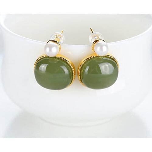 New Natural Hetian Jade Gray Jade Stud Earrings Smoke Cyan S925 Sterling Silver Gold-Plated Pearl Embellishment Ornament