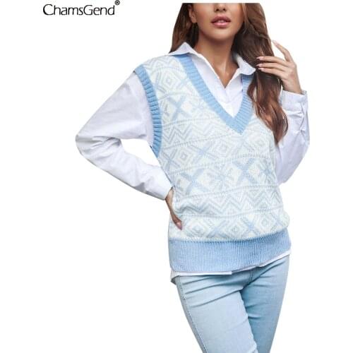2021 Autumn V-Neck Casual Loose Knit Vest Sweater Women Fashion All-match Pullover Tops College Style Diamond Print Tank Sweater