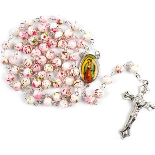 4 Colors Blue Glass Rosary Necklace Virgin Mary Jesus Cross Christian Catholic Jewelry Fashion Trend
