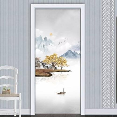 PVC Waterproof Self-adhesive 3D Door Sticker Chinese Landscape Scenery Retro Decal Parlor Bedroom Door Decor Wall Sticker Mural