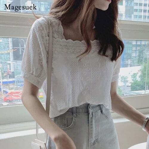 Korean Square Neck Short Sleeve Shirt Summer New Embroidered Crochet Sweet Blouse 2021 Casual Womens Tops Blusas De Mujer 14485