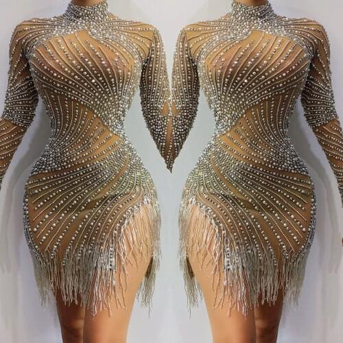 Sexy Rhinestones Pearls Fringe Transparent Dress Bar Birthday Celebrate Dress High Neck Outfit Women Dance Dress