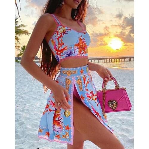 Sexy Sling Suit Side Slit Half Skirt Print New Silhouette Style Material Decoration Origin Gender Season Age Pattern Type Collar