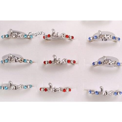 Yingwu 30pcs Lot Fashion Silver Plated Ring Jewelry Women Colorful Crystal Rhinestone Rings Set Wedding Accessories 30pcs Lot