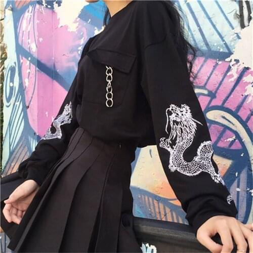 Womens Black Embroidery Long Sleeve Sweatshirt Hip Hop Preppy Chains Female O-Neck Hoodies Spring Autumn Women Pullovers Tops