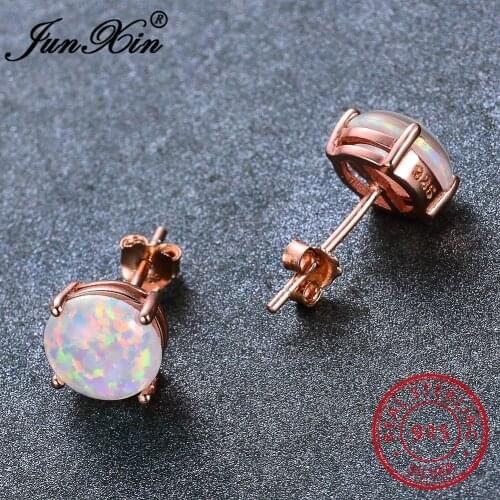 White Gold Filled Round Stud Earrings Rose Gold White Fire Opal Earrings For Women Wedding Ear Studs Birthstone Jewelry