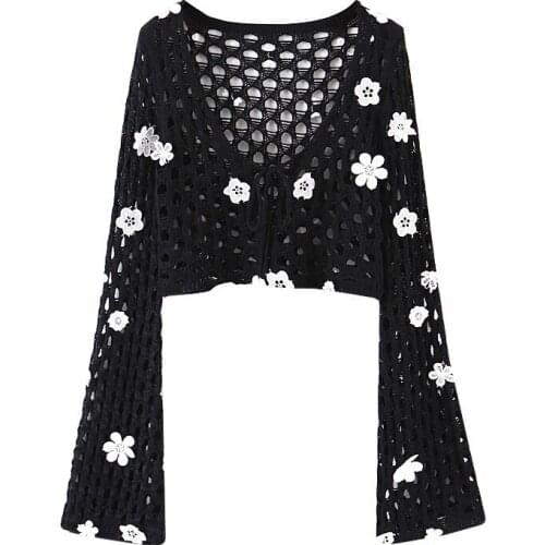 Sweater Women Top Cotton Acrylic Womens Cardigan Sweater 2020 Hot Sale Vintage Handmade Hollow Mesh Flower Decoration Thin