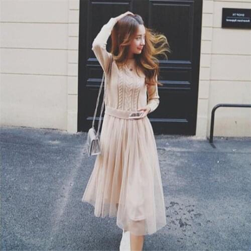 2021 Korean Winter Dress Elegant Long Sleeve Christmas Dress Women Autumn Long Knitted Sweater Dresses Mesh Female Beige E330