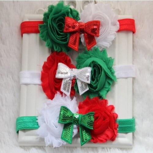 24pcs/lot Christmas Items Red Green White Shabby Chic Flowers Sequin Bow FOE Elastic Headband, Hair Accessoies Free Shipping