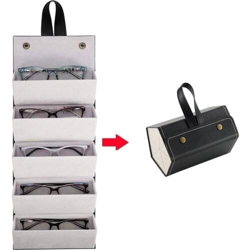 5-Slot Travel Sunglasses Organizer Collector - PU Eyeglasses Storage Case Box -Multiple Hanging Eyewear Holder Display
