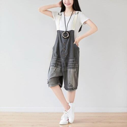 Mori Girl jean shorts Jumpsuit Big size wide leg straps denim shorts casual hole ripped Baggy bib Knee-length Cowboy Playsuits