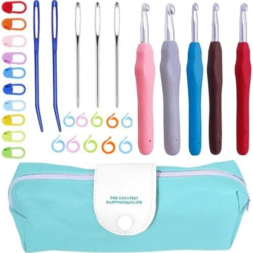 LMDZ Crochet Hooks Kit, Ergonomic Handle Crochet Hooks Knitting Needles, with Large-Eye Yarn Needles, Plastic Stitch Markers