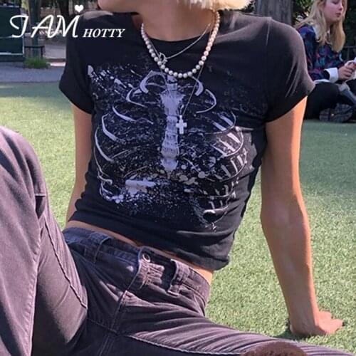 Summer Gothic Skulls Print Cotton T-shirt Women Dark Academia 90s Aesthetic Black Short Sleeve Cropped Top Tee Retro Iamhotty