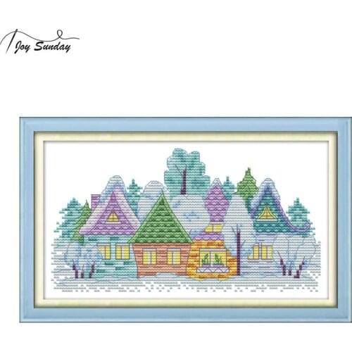 Joy Sunday Small Village Cross Stitch Landscape 14ct11ct Aida Fabric Printed Canvas for Embroidery Kit DMC Cotton DIY Needlework