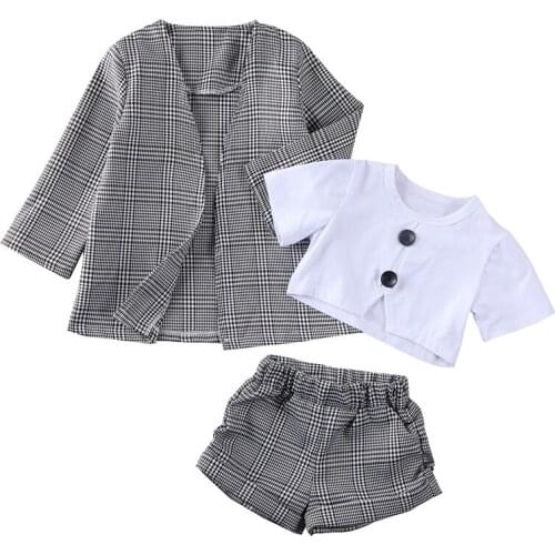 Pudcoco Cute Newborn Baby Girl Plaid Coat+Crop tops+Shorts Formal Casual Clothes Outerwear Autumn Winter 3pcs Girls Kids 1-6Y