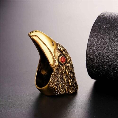 New Hot Biker Jewelry Metal Eagle Head Ring Punk Rock Yellow Gold Color Mens Stainless Steel Hawk Cocktail Rings Anillos GR2479