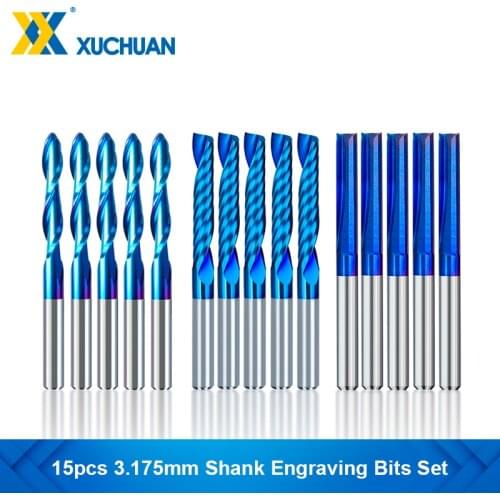 Wood Milling Cutter Engraving Bits Set 15pcs Nano Blue Coated CNC Router Bit For Wood Acrylic 3.175mm Shank Woodworking Tools