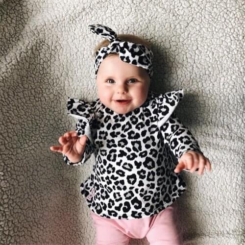 Newborn Baby Girls Clothes Toddler Cute Leopard Ruffle Long Sleeve T-shirt Tops+Pants+Headband Infant 3pcs Baby Clothing Set