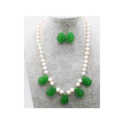 One set freshwater pearl white near round green/red jade drop 18inch necklace earrings wholesale beads nature