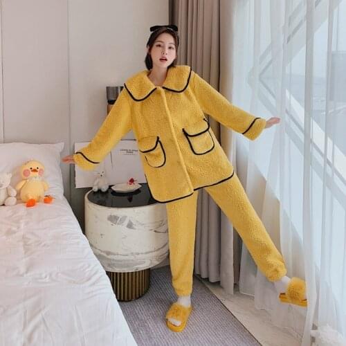 Pajamas Women Korean Version of Sweet Lamb Wool Simple Pure Color Lapel Plush Nightshirt Long Sleeve Trousers Home Casual Wear