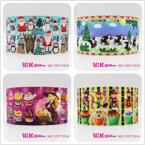 Q&N ribbon 3inch 75mm Christmas Halloween printed grosgrain ribbon webbing 50yards/roll for hair bows headband free shipping