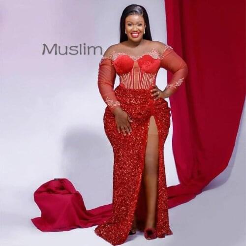 Plus Size Red Split Memaid Prom Dresses For Black Girls Off The Shoulder Long Sleeve Evening Dress Red Sequined See Through Top