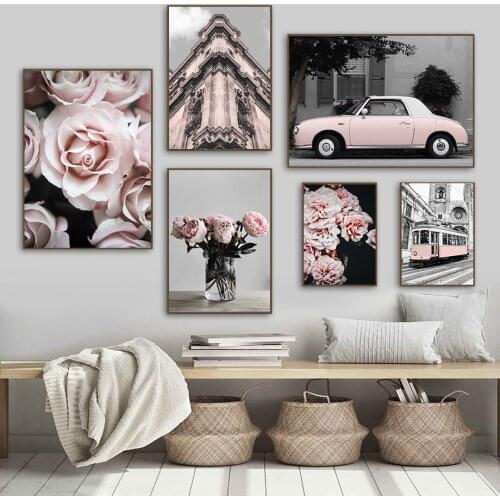 Flower Rose Tram Pink Car Vintage Building Nordic Posters And Prints Wall Art Canvas Painting Wall Picture For Living Room Decor