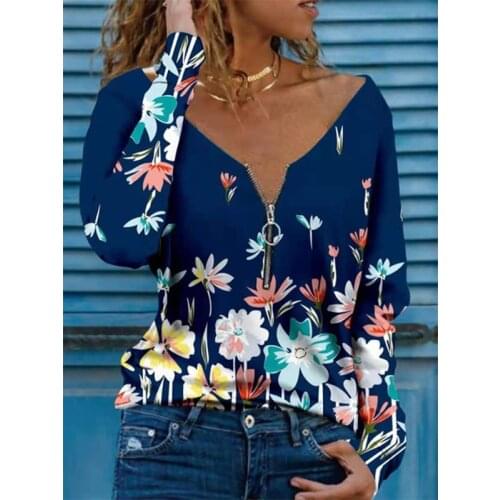 Autumn Long Sleeve Oversized T Shirt Women Sexy V Neck Floral Print Zipper T-Shirts Casual Loose Tops Ladies Tee Shirt Femme