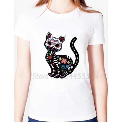 Skull floral cat Print Women tshirt Modal Casual Loose Funny t shirts For Lady Top Tee SH-102