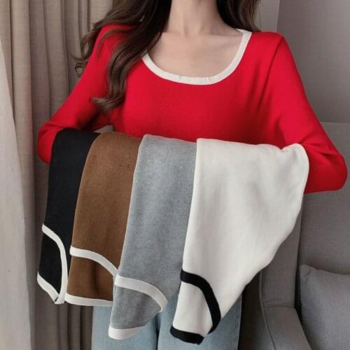 Shintimes Female Knitted T Shirt Women 2020 Autumn Sexy U-Neck Tshirt Solid Color T-Shirt Womens Clothing Tee Shirt Femme Tops